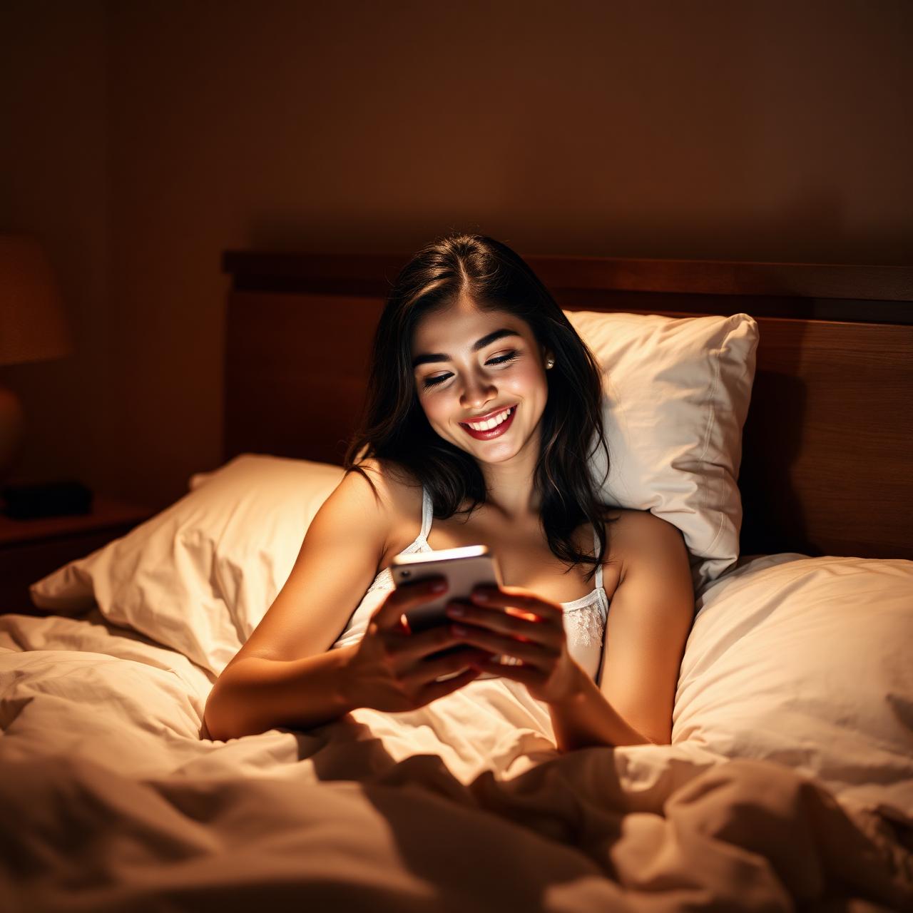 Mulher lendo mensagem no celular à noite